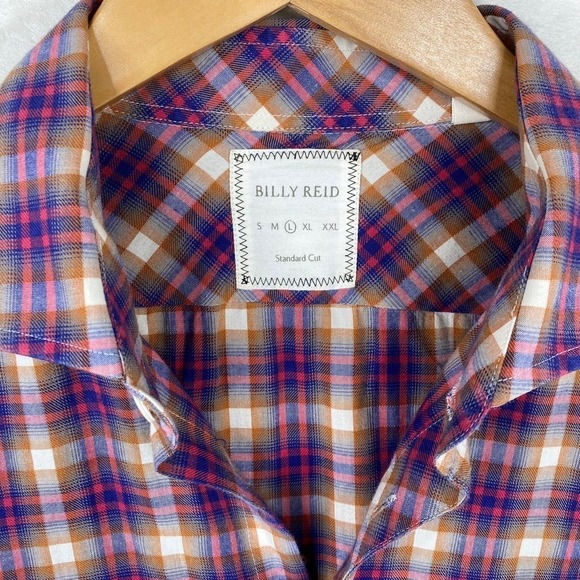 Billy Reid Pink Blue Plaid Standard Cut Long Sleeve Button Up Shirt Size Large - Picture 3 of 5